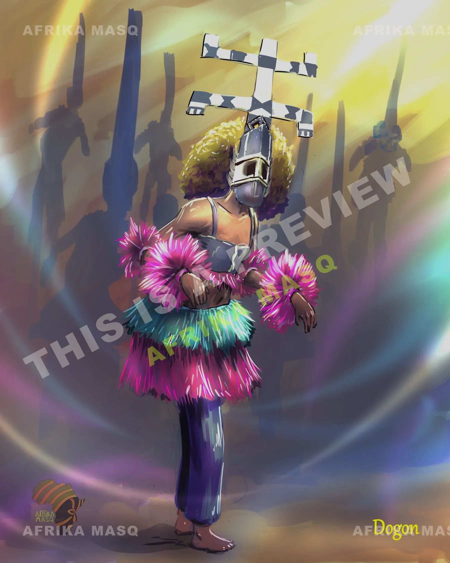 Afrika Masq commissioned artwork of the Dogon masquerade.