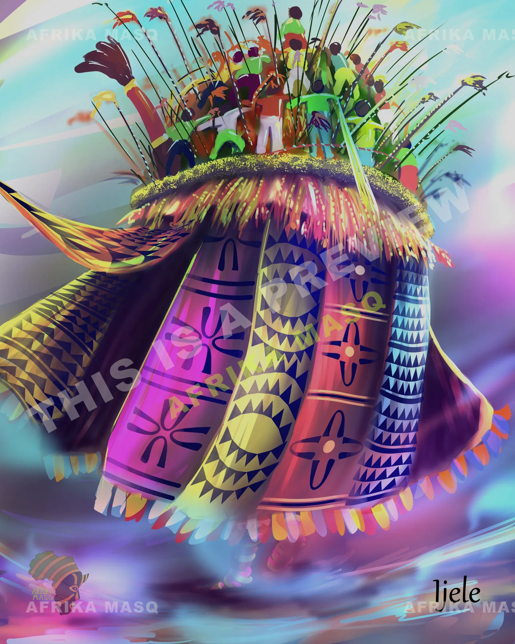 Afrika Masq commissioned artwork of the Ijele masquerade.